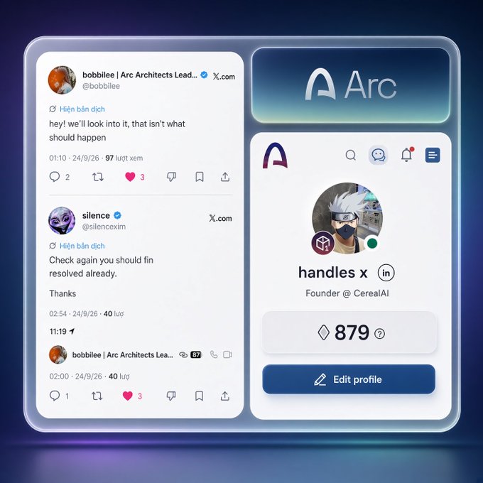 A screenshot displays a social media interface on the left with posts from 'bobbilee' and 'silence', alongside an Arc browser profile card for 'handles x', showing '879' and 'Founder @ CerealAI'.