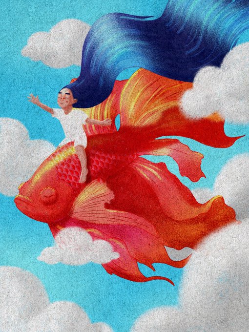 A whimsical illustration of a young girl with long, flowing blue hair riding atop a vibrant red and orange goldfish as it swims through fluffy white clouds in a turquoise sky.