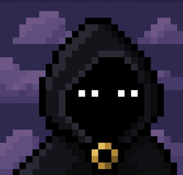 A pixel-art character in a dark hooded cloak with four glowing white square eyes and a gold circular emblem on the chest, set against a purple background with clouds.