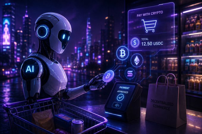A futuristic AI robot with glowing blue accents labeled "AI" stands at a checkout counter completing a cryptocurrency purchase, with floating digital panels displaying "PAY WITH CRYPTO", a cart icon, "TOTAL $12.50 USDC", and logos for Bitcoin and Ethereum, alongside a bag marked "DECENTRALIZED COMMERCE".