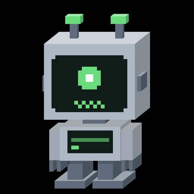 A pixel art illustration of a small, boxy robot character with a screen-like face displaying a green eye symbol and a mouth, featuring two green-tipped antennae on top.