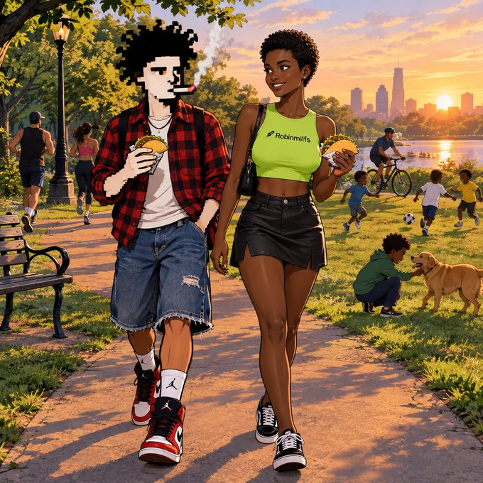 An anime-style digital illustration of a man with a pixelated face smoking a cigarette and a woman wearing a 'Robinmiffs' neon green top walking together through a sunny park while eating tacos.