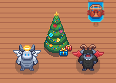 A pixel art Christmas scene featuring a decorated Christmas tree in the center, flanked by two armored characters, one with angel wings on the left and a darker horned figure on the right, with a small television in the upper right corner.