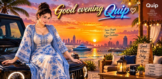 A promotional banner for 'Quip' shows a woman in a blue and white floral dress leaning on a car against a sunset cityscape, featuring the text 'Good evening Quip' and 'REAL PEOPLE FOR REAL TOOTHES'.