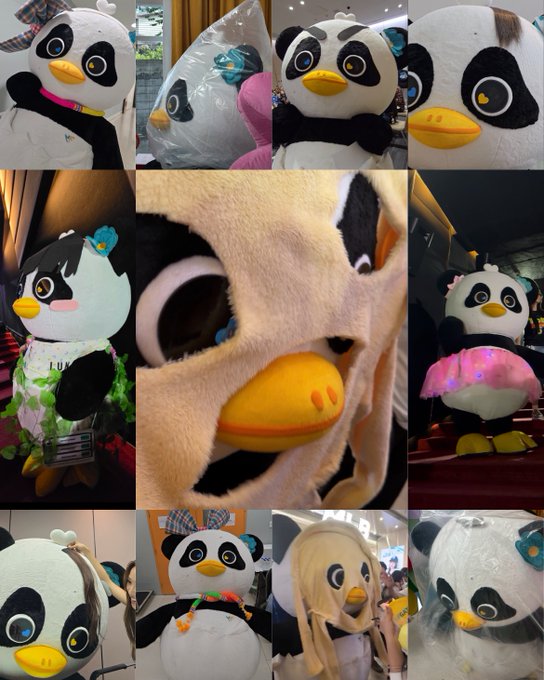 A collage of various plush toys featuring the same panda-like character in different styles, costumes, and poses—including one wearing a pink tutu, another dressed as an octopus, and several with bows—capturing the playful variations hinted at by the "50 shades of #LUNAR" caption.