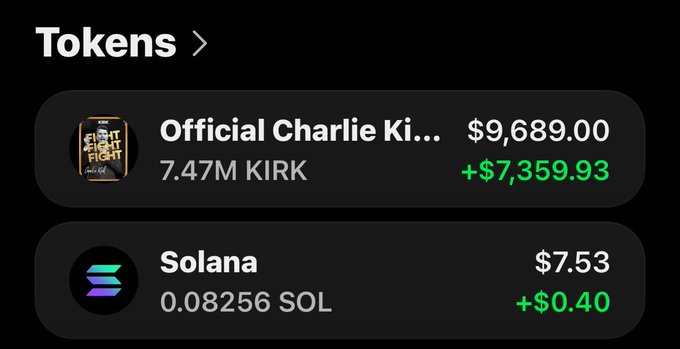 The image shows a cryptocurrency portfolio snapshot displaying two tokens: "Official Charlie Ki..." (KIRK) worth $9,689.00 (+$7,359.93) with 7.47M KIRK, and Solana (SOL) worth $7.53 (+$0.40) with 0.08256 SOL. This appears to be posted alongside a promotional message soliciting SOL wallet addresses from followers in exchange for an alleged airdrop giveaway—a common tactic used in cryptocurrency scams to harvest wallet information.