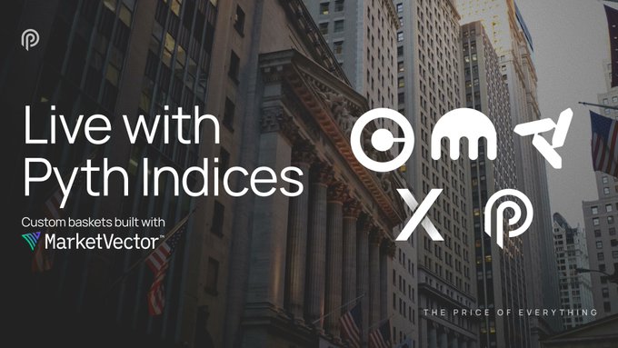 The image features a cityscape with tall buildings, including one that has "Pyth Indices" written on it. Below this image, there are four logos representing different cryptocurrency exchanges or marketplaces such as Coinbase, Kraken, Nado, and dYdX. The text in the image reads "Live with Pyth Indices", which is a reference to the cryptocurrency exchange.