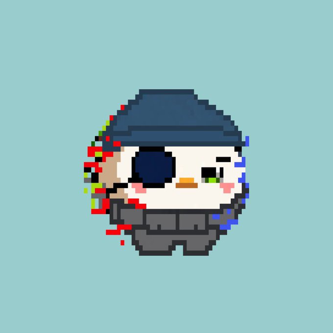 Pixel art character with a blue beanie, eyepatch, and green eye, featuring glitch-like red and blue color distortions on a light teal background.
