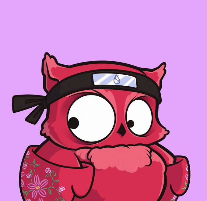 A cartoon illustration of a pink owl character with large white eyes, wearing a black ninja headband and a floral-patterned robe against a purple background.