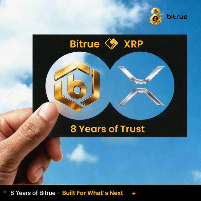 A hand holds up a promotional card against a sky background, featuring the Bitrue and XRP logos with the text "Bitrue ❤️ XRP" and "8 Years of Trust," celebrating the long-standing partnership between the exchange and the XRP ecosystem. The "8 bitrue" logo appears in the top right, while a banner at the bottom reads "8 Years of Bitrue • Built For What's Next."