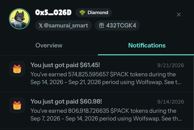 A digital wallet notification screen for user '0x5__026D' (Diamond tier) showing payments of $61.45 and $60.98 in $PACK tokens earned via Wolfswap.
