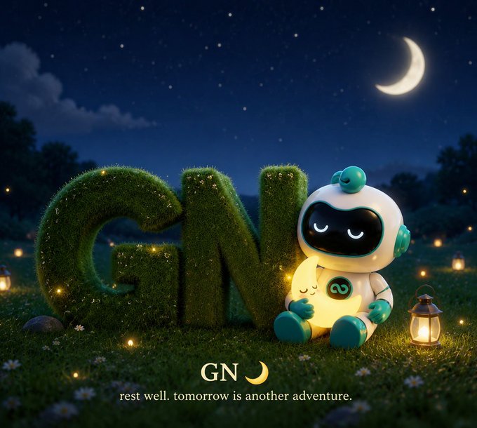 A cute astronaut robot sits beside mossy "GN" letters under a starry crescent moon, with the text "GN 🌙 rest well. tomorrow is another adventure." displayed below—reinforcing the post's "good night" message and aligning with #TrustZoomex by suggesting a peaceful close to the trading day.