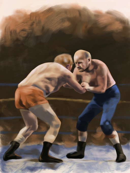 An illustrated digital painting depicting two wrestlers in a ring, one wearing orange shorts and the other in blue shorts, engaged in a grappling match with a blurred crowd in the background.