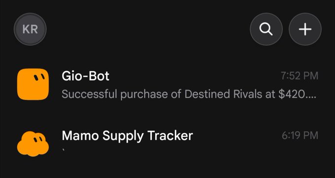 A notifications screen shows a "Gio-Bot" alert at 7:52 PM confirming "Successful purchase of Destined Rivals at $420," alongside an earlier 6:19 PM alert from "Mamo Supply Tracker." This appears to be the post referenced in "Holy shit, Gio-Bot actually works," showing proof that the automated purchase tool successfully secured a high-value item.