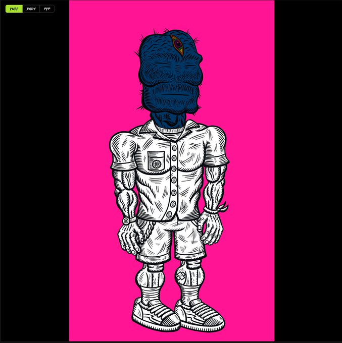 A stylized illustration of a muscular figure with a textured blue head, wearing a short-sleeved button-up shirt, shorts, and sneakers against a bright pink background.