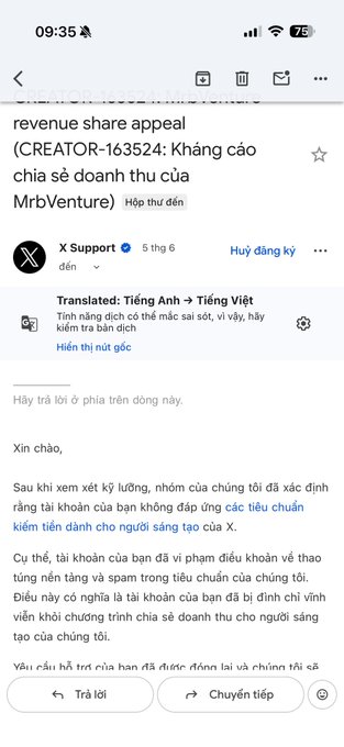 The image shows an email message from a creator named Khang Cao. The message appears to be in a foreign language, possibly Thai, as indicated by the presence of a different language icon or logo within the email. The email contains information about a revenue share appeal and includes a link to a website for X-Support. The post also mentions that the creator has already appealed the revenue share, but it is unclear if they have received any responses from the app developer yet.