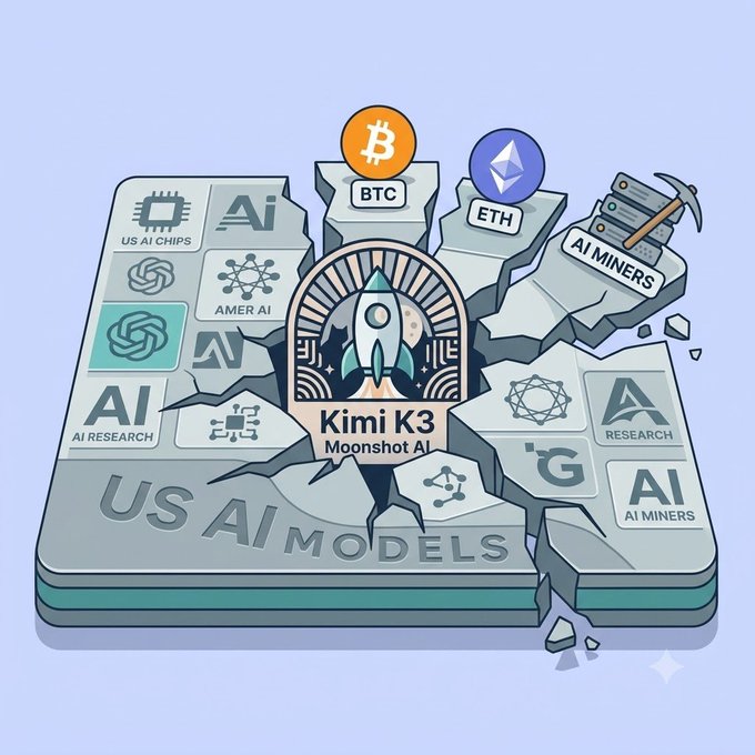 An illustration showing "Kimi K3 Moonshot AI" as a rocket launching through "US AI MODELS" infrastructure, surrounded by BTC and ETH logos, AI chips, AI research, and AI miners.