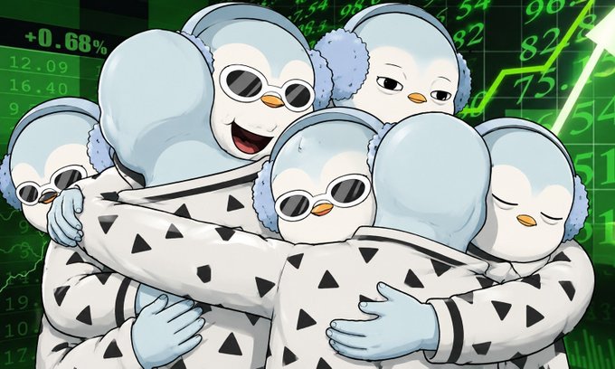 An illustration of cartoon penguins wearing sunglasses and patterned jackets huddled together against a backdrop of green stock market numbers and an upward trending arrow.