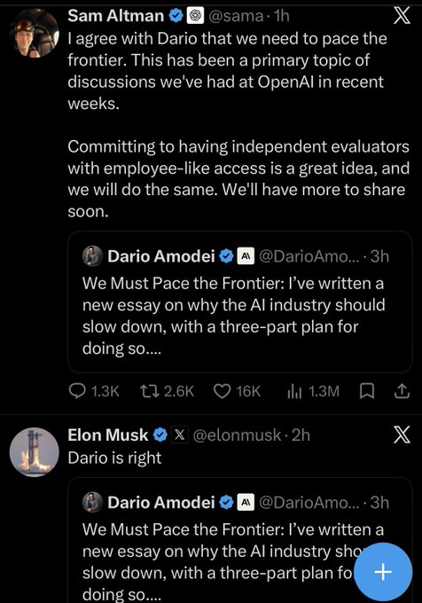 A screenshot of X (formerly Twitter) showing Sam Altman (@sama) agreeing with Dario Amodei's essay 'We Must Pace the Frontier,' followed by Elon Musk (@elonmusk) posting 'Dario is right' in response to the same essay.