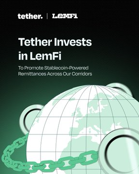 The image features a globe with chains around its edges, which are green. The text "LemFi" appears below the globe, suggesting that this could be an advertisement or promotional material for Lemfi. The image also includes a link to the website "tether.lempi", indicating that the content is related to Lemfi and possibly their investments in LEMFI.
