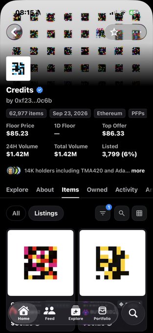 A smartphone screenshot of an NFT collection page showing the title "Credits" with a verified checkmark, by "0x123...0c6b", displaying statistics including "Floor Price: $85.23", "24H Volume: $1.42M", and pixelated artwork previews.