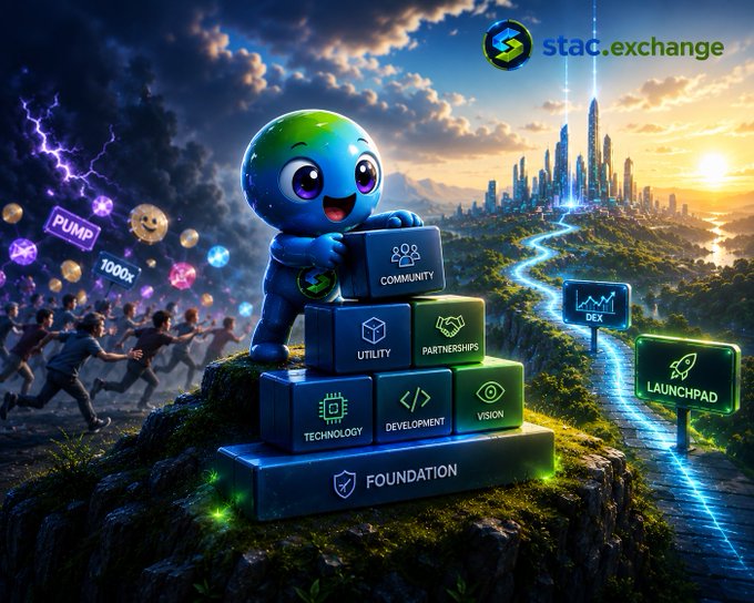 A stylized promotional image for stac.exchange featuring a green cartoon character standing on blocks labeled Community, Utility, Partnerships, Technology, Development, Vision, and Foundation, with "PUMP 1000x" and DEX/Launchpad signs in the background.