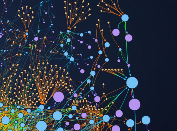 An abstract data visualization graphic showing a complex network of colorful nodes and connecting lines against a dark blue background.