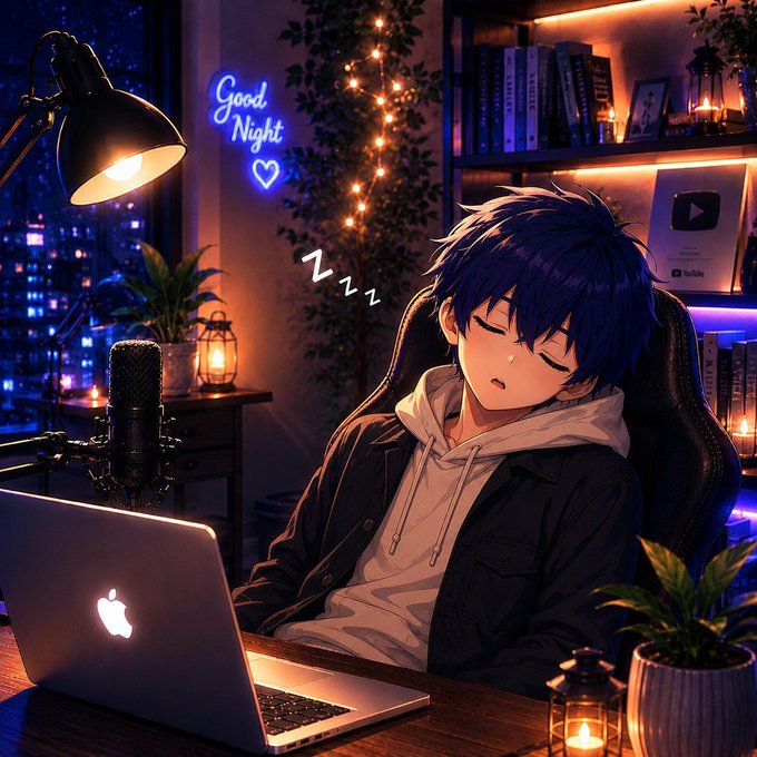 An anime-style illustration of a blue-haired boy sleeping in a chair in front of a laptop, surrounded by a microphone, plants, books, candles, and a glowing 'Good Night' neon sign.