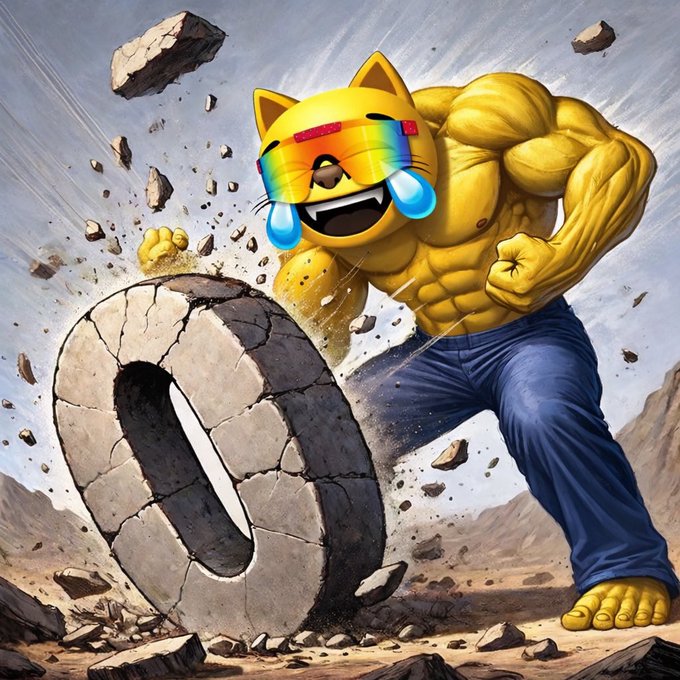 A digital illustration of a muscular, crying cat character with rainbow shutter shades aggressively kicking a large stone ring.