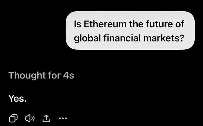 The image shows a black background with white text that reads "Is Etherium the future of global financial markets?". Below this, there are two thumbs up icons, one at the top left corner and another at the bottom right corner. The text also includes an emojis for a thumbs up, which is placed in the upper part of the image.