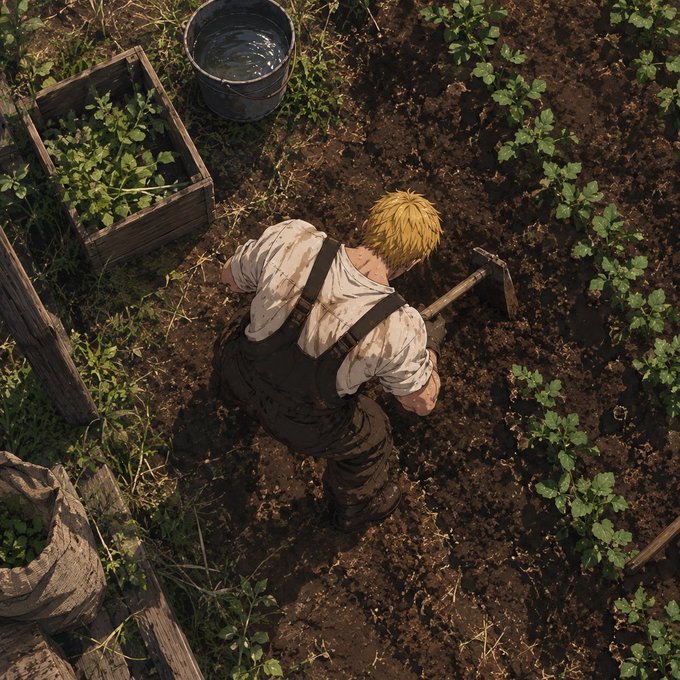 A blond man works a garden with a hoe, tending to rows of green seedlings beside wooden planters and a bucket of water, illustrating the grind of building wealth from the ground up.