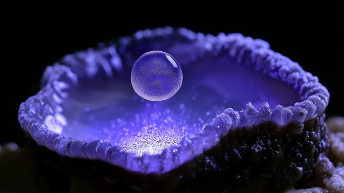 A striking macro photograph of a water droplet floating above a vibrant blue and purple geode or crystal formation against a black background.