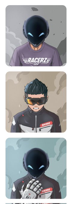 Three panels of racers in racing gear and helmets from the 'RacerZ' mobile game, with a mystery/unknown character in a dark suit with glowing blue eyes appearing in the first and third panels.