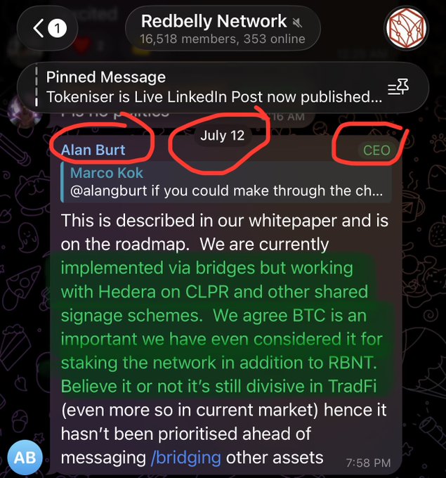 The image shows a screenshot from the RedBelly Network Telegram group (16,518 members, 353 online) featuring a pinned message and a response from CEO Alan Burt dated July 12, where he confirms that the network is implemented via bridges and working with Hedera on CLPR (Cross-Chain Ledger Protocol for Replicated), while acknowledging BTC as important but not yet prioritized ahead of messaging/bridging other assets—directly supporting the post's claim about the RBNT CEO confirming collaboration with HBAR.