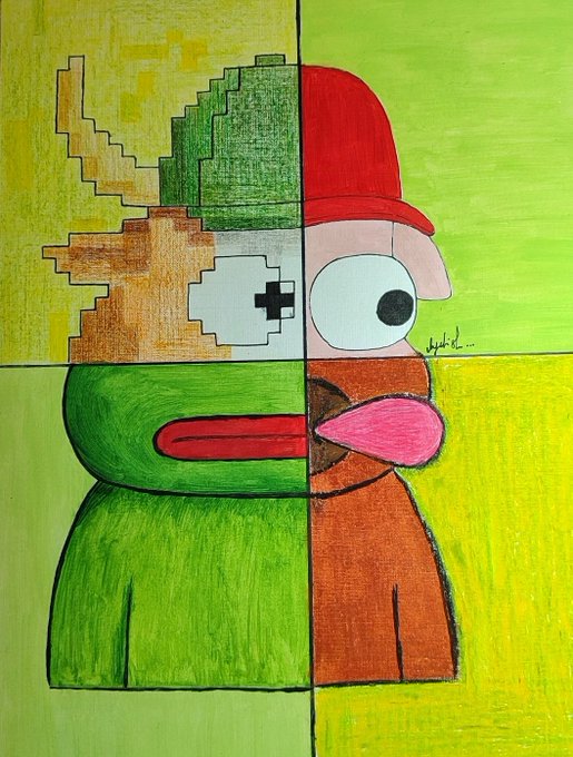 A colorful drawing split into four quadrants featuring pixel art and a cartoon character against green and yellow backgrounds.