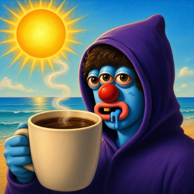 A blue-skinned, hooded character with a red clown nose holds a steaming mug of coffee against a sunny beach backdrop, mirroring the post's playful "Hood morning" greeting and oversized coffee imagery hinting at bullish momentum for the $BNKR ticker.