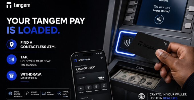 An advertisement for 'tangem pay' showing instructions to 'FIND A CONTACTLESS ATM,' 'TAP,' and 'WITHDRAW,' featuring a phone displaying a balance of '1,250.00 USDC' and a hand tapping a card at an ATM dispensing cash.