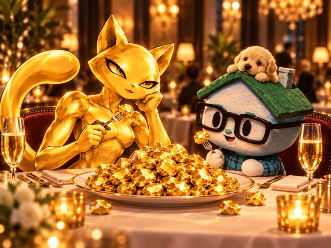 A whimsical scene of a golden cat-like figure and a house character wearing glasses sitting at an elegant restaurant table with a large pile of golden nuggets, champagne glasses, and a small puppy on the house's roof.