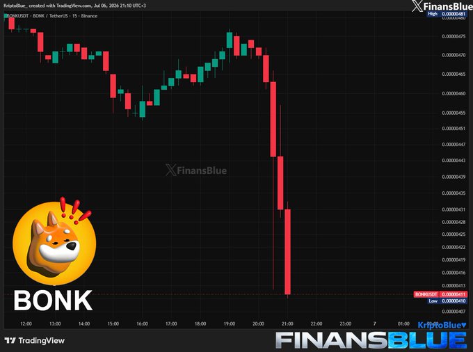 TradingView chart of BONK/USDT on Binance from KriptoBlue, showing a sharp price drop with a Shiba Inu dog logo and 'BONK' label.