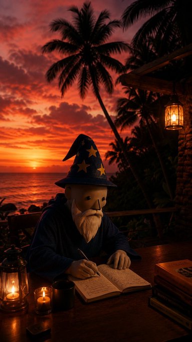 A wizard-like gnome in a star-studded pointed hat writes intently in a leather-bound tome by candlelight, set against a fiery tropical sunset with palm trees silhouetted over the ocean. The scene's mystical, journaling atmosphere complements the "Gn crypto friends" post, evoking the secretive, studious vibe of late-night market research or trading notes.