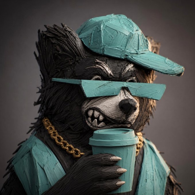 A handcrafted wooden sculpture of a black bear in a turquoise visor, sunglasses, t-shirt, and gold chain, holding a turquoise coffee cup while baring its teeth.