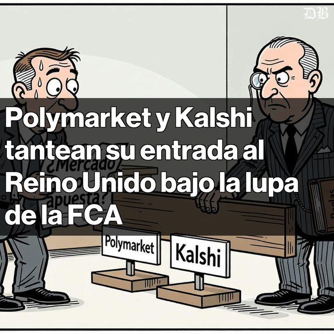 A cartoon illustration showing two men at desks labeled 'Polymarket' and 'Kalshi' with Spanish text reading 'Polymarket y Kalshi tantean su entrada al Reino Unido bajo la lupa de la FCA' (Polymarket and Kalshi test their entry into the UK under the FCA's scrutiny), sourced from the Wall Street Journal (WSJ).