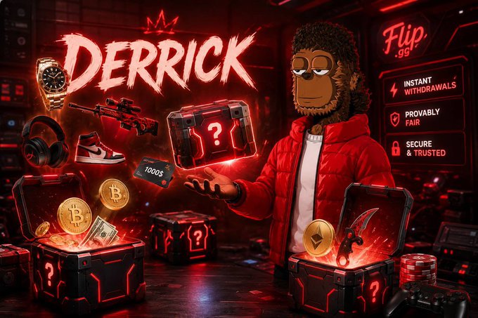 The promotional image features a character named "DERRICK" alongside lootboxes, Bitcoin coins, a sniper rifle, Air Jordans, a Rolex watch, and gaming headphones, with a "Flip .gg" panel highlighting "INSTANT WITHDRAWALS," "PROVABLY FAIR," and "SECURE & TRUSTED." It visually echoes the post's praise for Flip.gg by showcasing the platform's diverse offerings—mystery lootboxes, crypto prizes, and premium items—that keep the experience engaging beyond just gameplay.