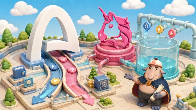 A 3D-rendered scene of a colorful strategy game featuring pink and blue pathways, an elephant-like character, and a glowing dragon statue.