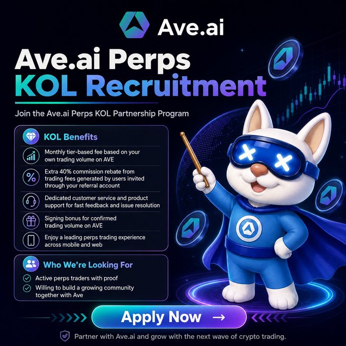 The main feature of this text is a cartoon dog dressed as a superhero wearing a blue cape holding a wand (or sword) while standing against a black background, giving off a sense of power and confidence. The caption beneath the scene reads "Ave.ai has just introduced a new Perps KOL Partnership Program". It seems that this program focuses on attracting active trading communities or individuals interested in futures trading to work with Ave.ai. As a result, it is highly recommended for those who want to get involved in such activities and grow their network within the market.