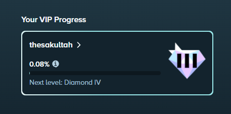 A dark-themed "Your VIP Progress" interface displays the username "thesakultah" with 0.08% progress toward the next level of "Diamond IV," supporting the post's celebration of reaching Diamond 3 status on Stake.