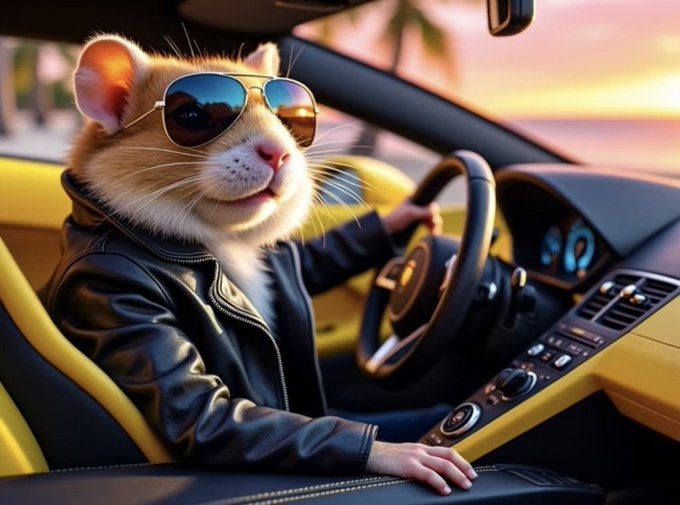 A ferret in sunglasses and a leather jacket sits confidently behind the wheel of a yellow sports car at sunset, embodying the cool, unbothered attitude the post advocates. The image mirrors the message of emotional detachment in Web3—looking effortlessly in control regardless of the surrounding chaos.