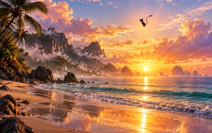 A vibrant tropical beach scene at sunset with golden and pink hues illuminating the sky, palm trees, rocky cliffs, and gentle waves rolling onto the shore, with a small silhouette of a flying creature in the sky.