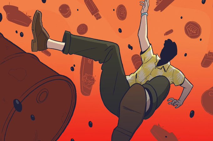 A cartoon-style illustration shows a person in a Hawaiian shirt and boots falling backward against an orange background filled with floating coins, USB sticks, and barrels, visually representing the chaotic crypto and oil deal described in the post.