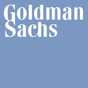 A solid light blue square graphic featuring the 'Goldman Sachs' wordmark in white serif typography positioned in the upper left corner.